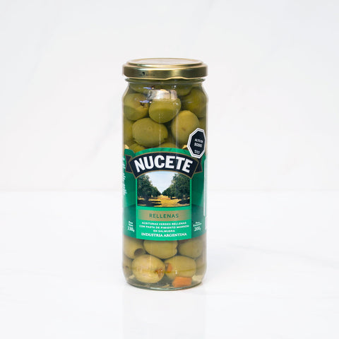 Aceitunas Verdes con Pimenton Nucete frasco de vidrio 200 grs