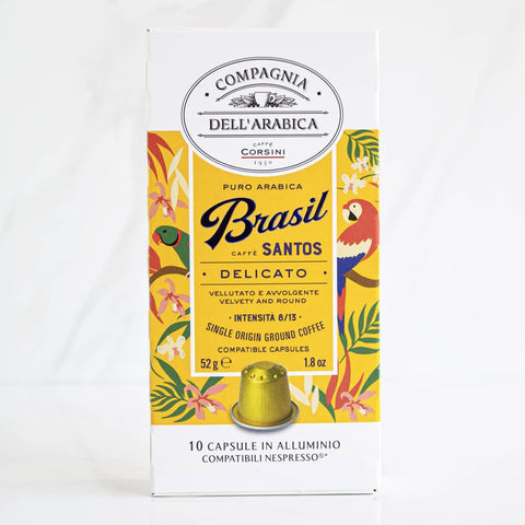 Café Brasil Corsini en cápsulas de 10, perfectas para preparar un café delicioso y aromático en casa, compatibles con las principales máquinas de café.