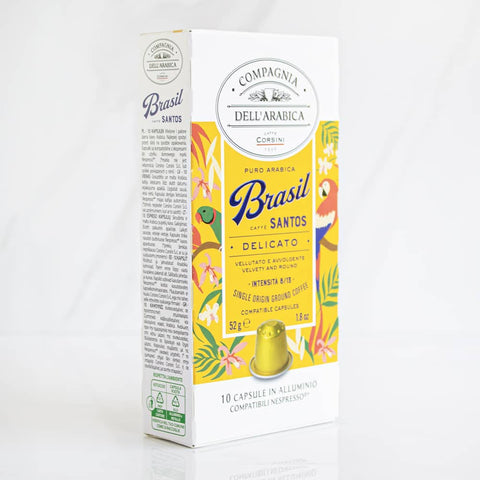 Pack de 10 cápsulas de café Brasil Corsini, diseñado para los amantes del café que buscan calidad y conveniencia en su rutina diaria.