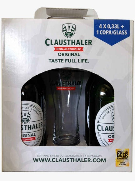 Pack 4 Cervezas Sin Alcohol Clausthaler + Vaso 330 cc